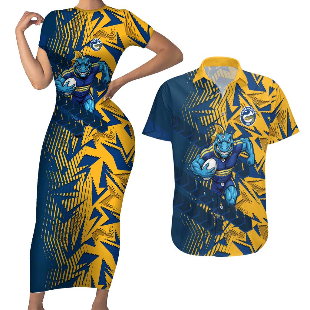 Parramatta Eels Rugby Couples Matching Short Sleeve Bodycon Dress and Hawaiian Shirt Fierce Mascot Geometric Tribal Art