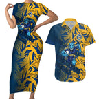 Parramatta Eels Rugby Couples Matching Short Sleeve Bodycon Dress and Hawaiian Shirt Fierce Mascot Geometric Tribal Art