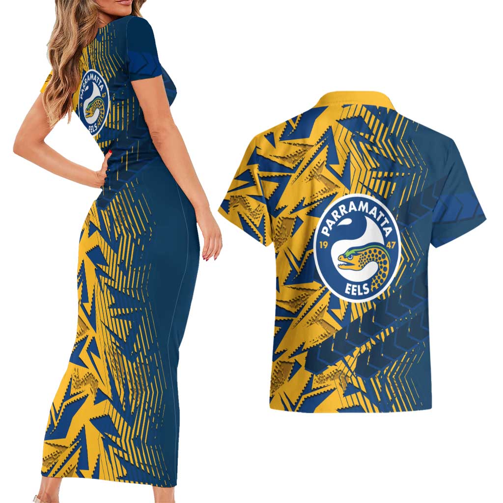 Parramatta Eels Rugby Couples Matching Short Sleeve Bodycon Dress and Hawaiian Shirt Fierce Mascot Geometric Tribal Art