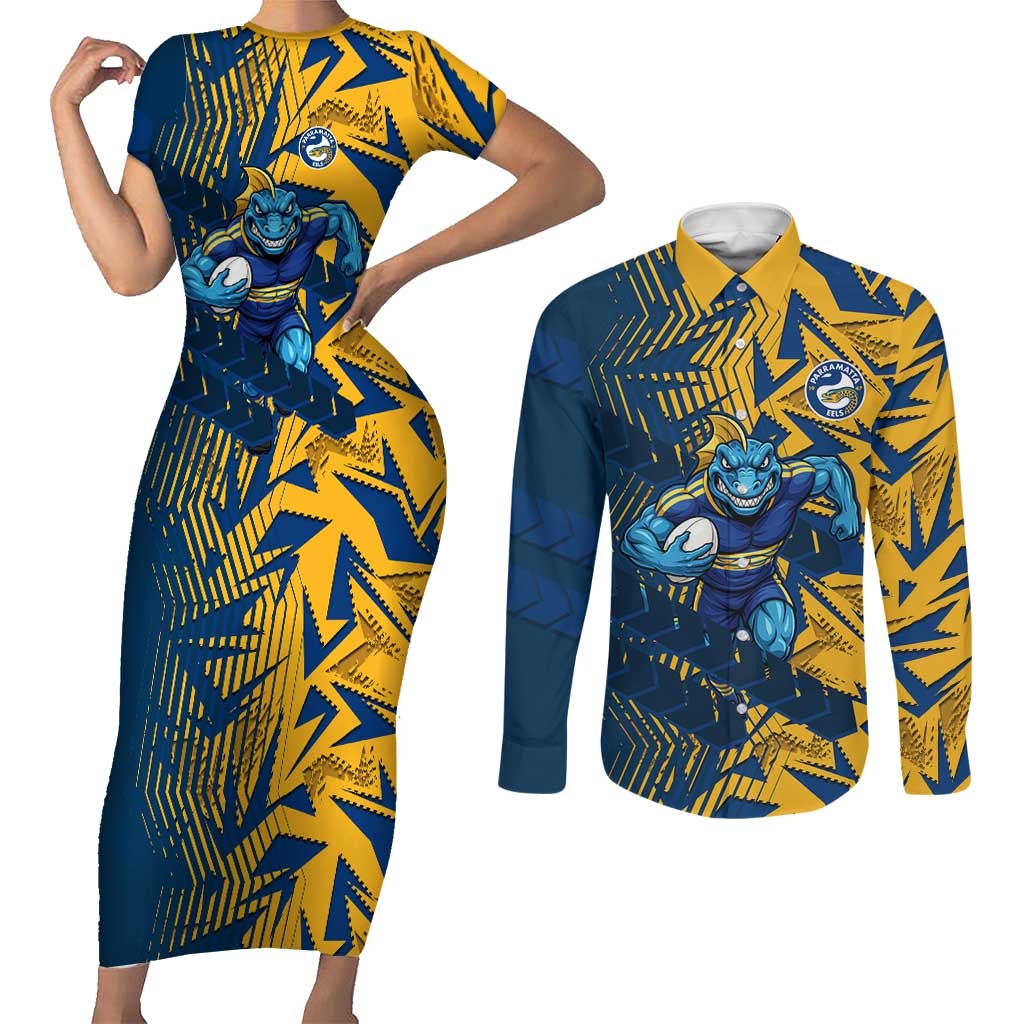 Parramatta Eels Rugby Couples Matching Short Sleeve Bodycon Dress and Long Sleeve Button Shirt Fierce Mascot Geometric Tribal Art