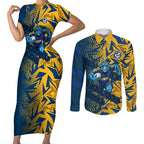 Parramatta Eels Rugby Couples Matching Short Sleeve Bodycon Dress and Long Sleeve Button Shirt Fierce Mascot Geometric Tribal Art
