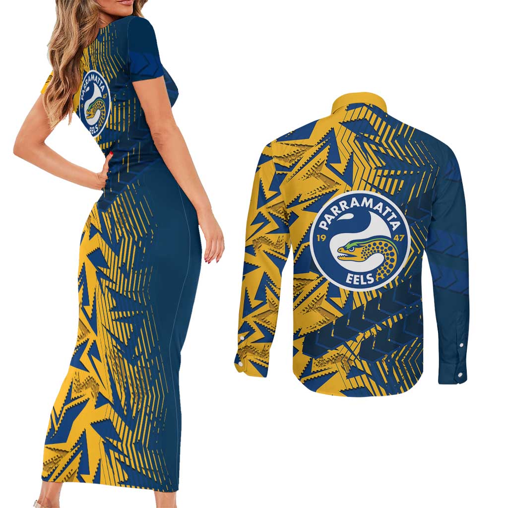 Parramatta Eels Rugby Couples Matching Short Sleeve Bodycon Dress and Long Sleeve Button Shirt Fierce Mascot Geometric Tribal Art