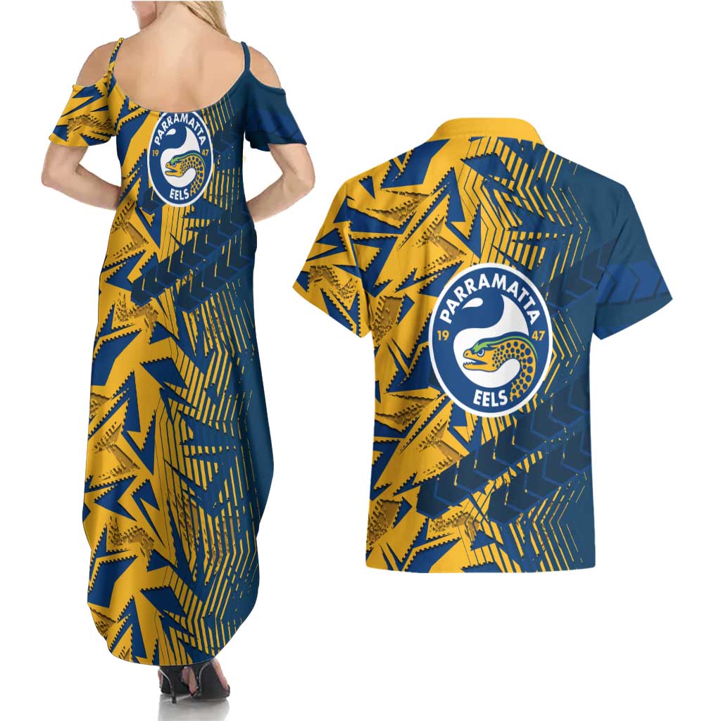 Parramatta Eels Rugby Couples Matching Summer Maxi Dress and Hawaiian Shirt Fierce Mascot Geometric Tribal Art