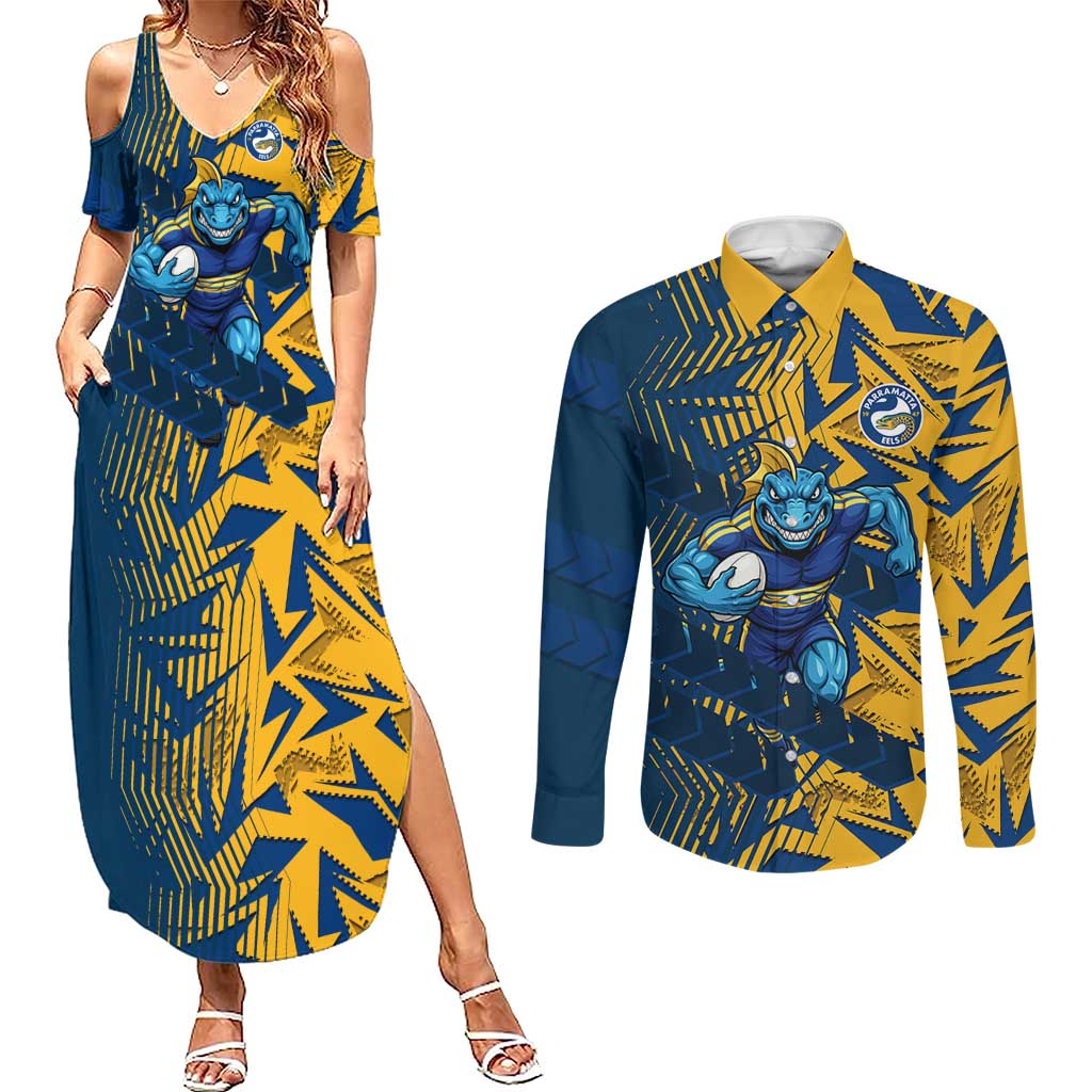 Parramatta Eels Rugby Couples Matching Summer Maxi Dress and Long Sleeve Button Shirt Fierce Mascot Geometric Tribal Art