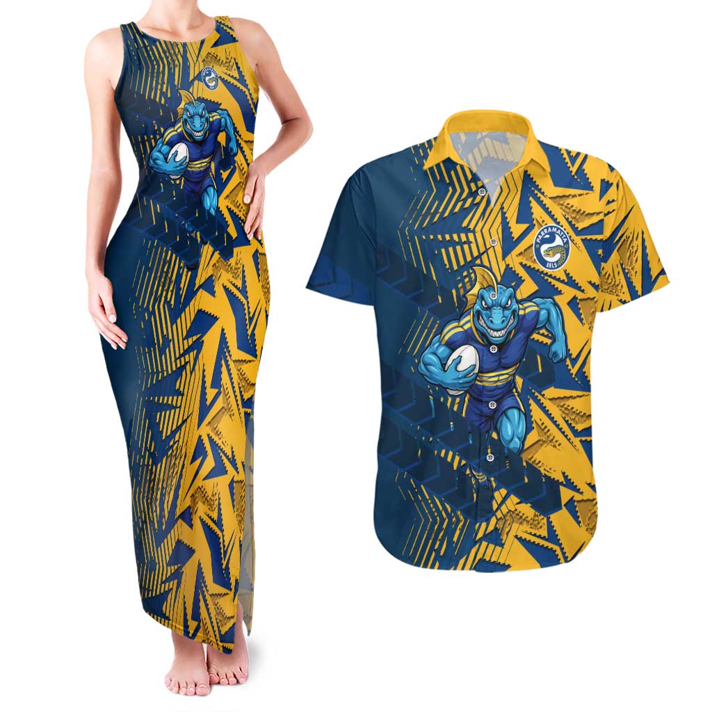 Parramatta Eels Rugby Couples Matching Tank Maxi Dress and Hawaiian Shirt Fierce Mascot Geometric Tribal Art