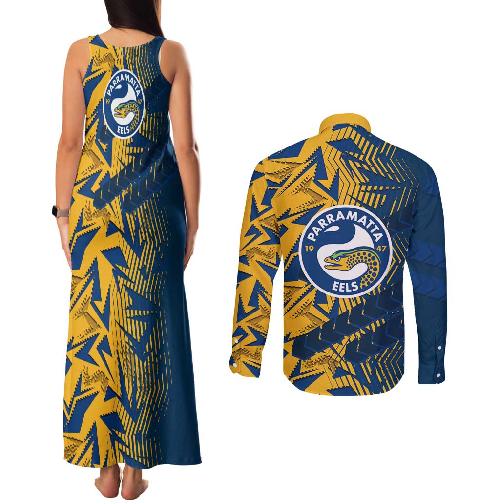 Parramatta Eels Rugby Couples Matching Tank Maxi Dress and Long Sleeve Button Shirt Fierce Mascot Geometric Tribal Art