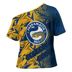 Parramatta Eels Rugby Cross Shoulder Shirt Fierce Mascot Geometric Tribal Art