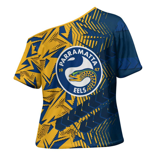 Parramatta Eels Rugby Cross Shoulder Shirt Fierce Mascot Geometric Tribal Art