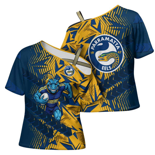 Parramatta Eels Rugby Cross Shoulder Shirt Fierce Mascot Geometric Tribal Art