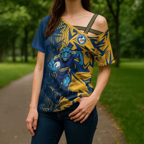 Parramatta Eels Rugby Cross Shoulder Shirt Fierce Mascot Geometric Tribal Art
