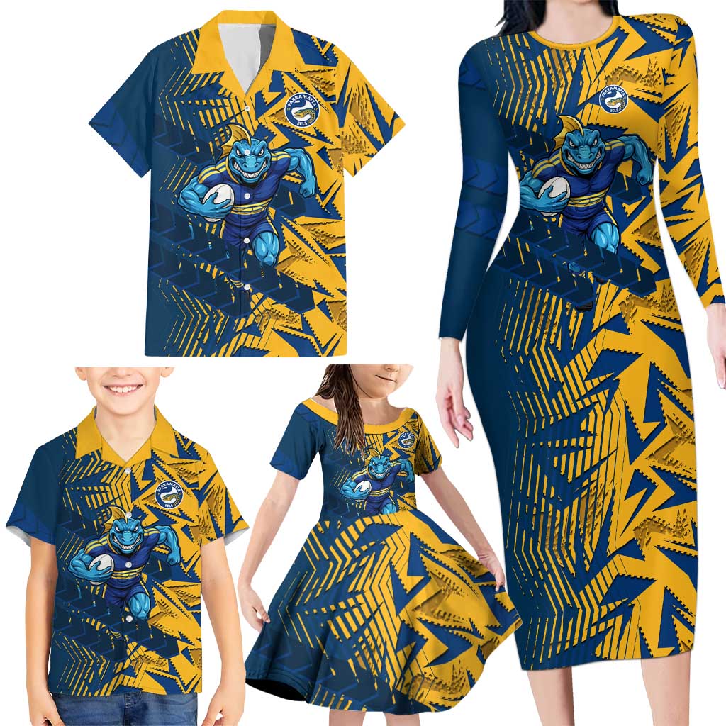 Parramatta Eels Rugby Family Matching Long Sleeve Bodycon Dress and Hawaiian Shirt Fierce Mascot Geometric Tribal Art