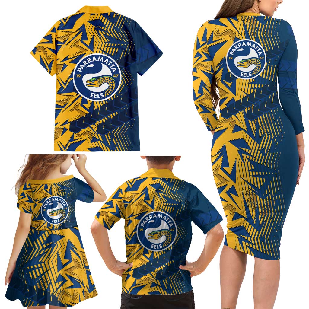 Parramatta Eels Rugby Family Matching Long Sleeve Bodycon Dress and Hawaiian Shirt Fierce Mascot Geometric Tribal Art