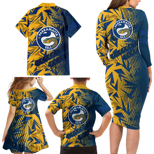 Parramatta Eels Rugby Family Matching Long Sleeve Bodycon Dress and Hawaiian Shirt Fierce Mascot Geometric Tribal Art