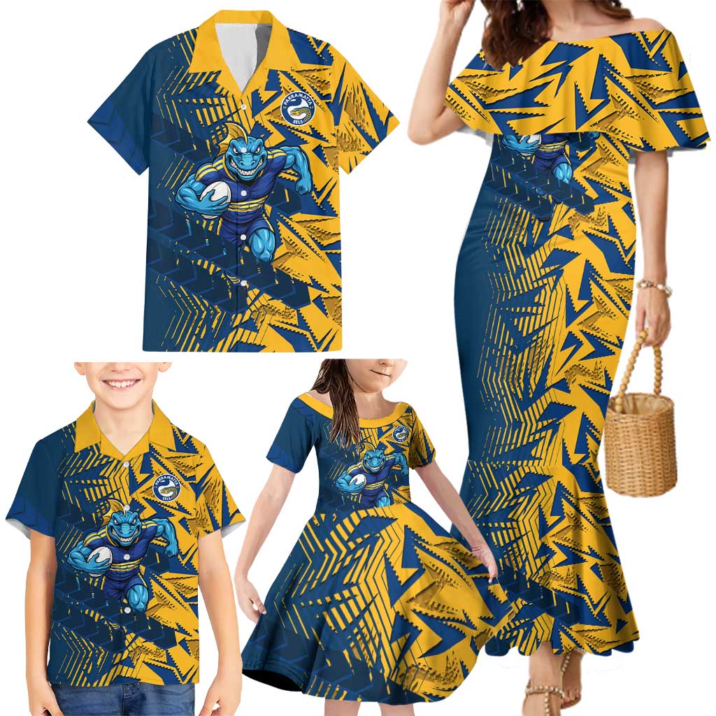 Parramatta Eels Rugby Family Matching Mermaid Dress and Hawaiian Shirt Fierce Mascot Geometric Tribal Art