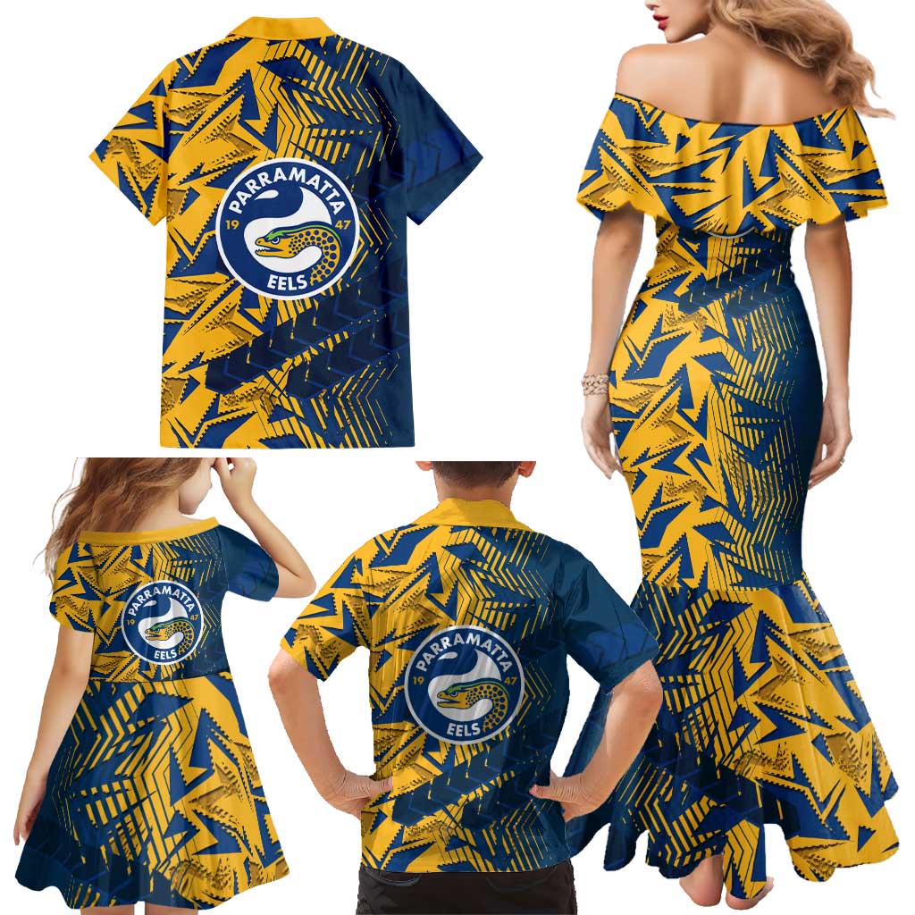 Parramatta Eels Rugby Family Matching Mermaid Dress and Hawaiian Shirt Fierce Mascot Geometric Tribal Art