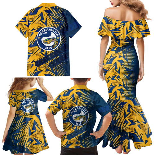 Parramatta Eels Rugby Family Matching Mermaid Dress and Hawaiian Shirt Fierce Mascot Geometric Tribal Art
