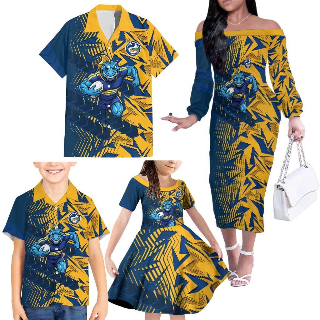 Parramatta Eels Rugby Family Matching Off The Shoulder Long Sleeve Dress and Hawaiian Shirt Fierce Mascot Geometric Tribal Art