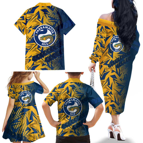 Parramatta Eels Rugby Family Matching Off The Shoulder Long Sleeve Dress and Hawaiian Shirt Fierce Mascot Geometric Tribal Art
