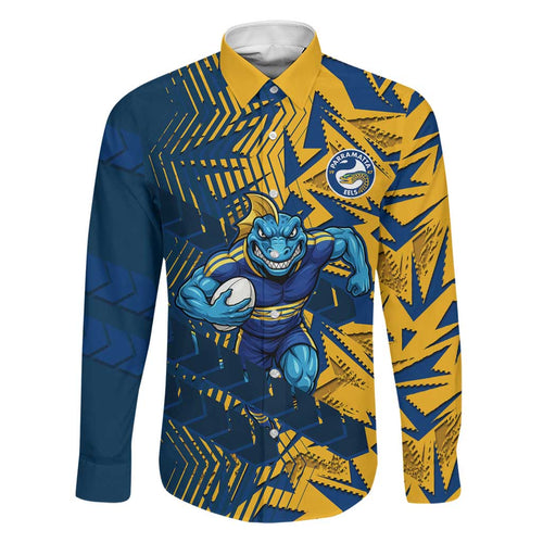 Parramatta Eels Rugby Family Matching Off The Shoulder Long Sleeve Dress and Hawaiian Shirt Fierce Mascot Geometric Tribal Art