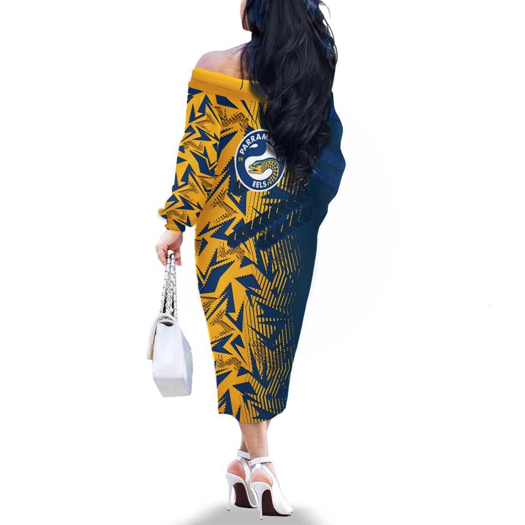 Parramatta Eels Rugby Family Matching Off The Shoulder Long Sleeve Dress and Hawaiian Shirt Fierce Mascot Geometric Tribal Art