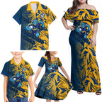 Parramatta Eels Rugby Family Matching Off Shoulder Maxi Dress and Hawaiian Shirt Fierce Mascot Geometric Tribal Art