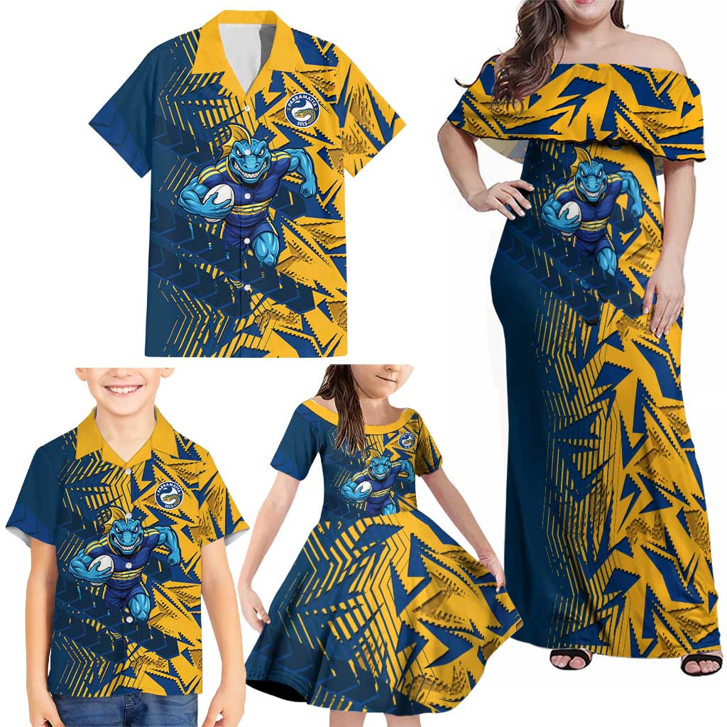 Parramatta Eels Rugby Family Matching Off Shoulder Maxi Dress and Hawaiian Shirt Fierce Mascot Geometric Tribal Art