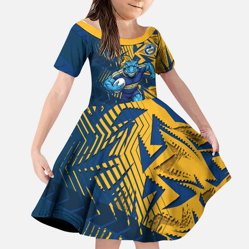 Parramatta Eels Rugby Family Matching Off Shoulder Maxi Dress and Hawaiian Shirt Fierce Mascot Geometric Tribal Art