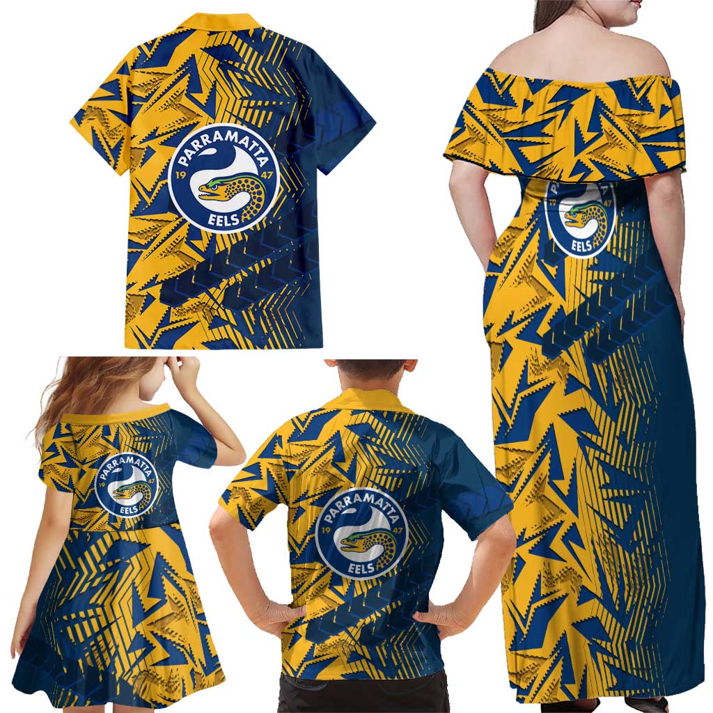 Parramatta Eels Rugby Family Matching Off Shoulder Maxi Dress and Hawaiian Shirt Fierce Mascot Geometric Tribal Art
