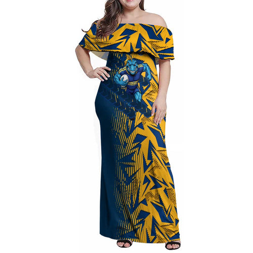 Parramatta Eels Rugby Family Matching Off Shoulder Maxi Dress and Hawaiian Shirt Fierce Mascot Geometric Tribal Art
