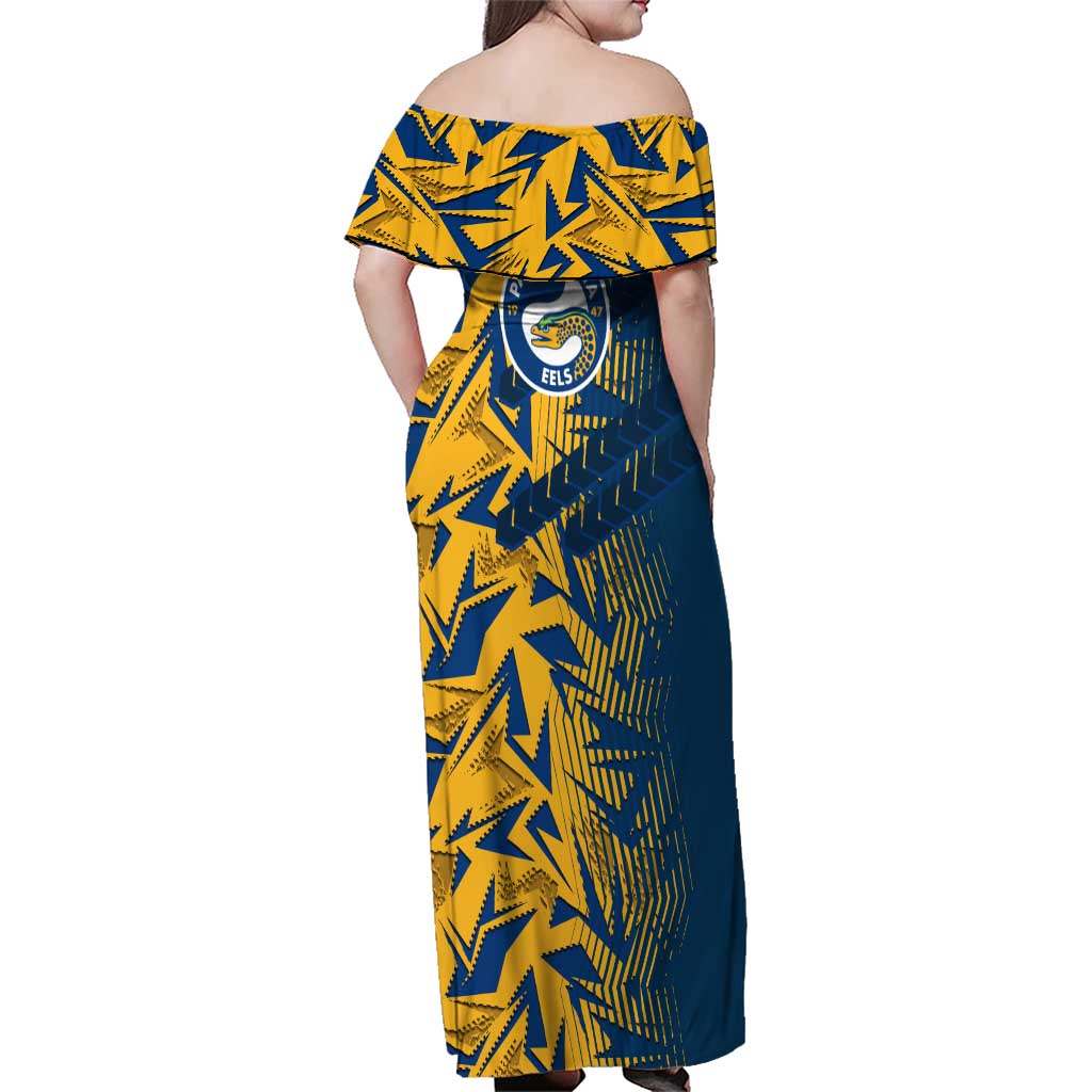 Parramatta Eels Rugby Family Matching Off Shoulder Maxi Dress and Hawaiian Shirt Fierce Mascot Geometric Tribal Art