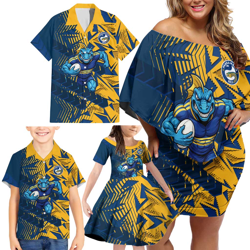 Parramatta Eels Rugby Family Matching Off Shoulder Short Dress and Hawaiian Shirt Fierce Mascot Geometric Tribal Art