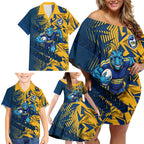 Parramatta Eels Rugby Family Matching Off Shoulder Short Dress and Hawaiian Shirt Fierce Mascot Geometric Tribal Art