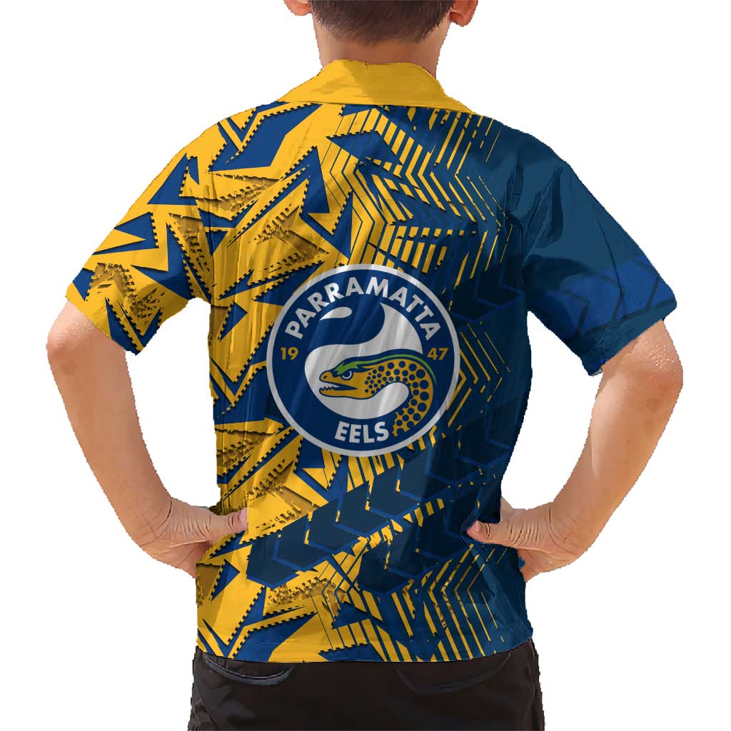 Parramatta Eels Rugby Family Matching Off Shoulder Short Dress and Hawaiian Shirt Fierce Mascot Geometric Tribal Art