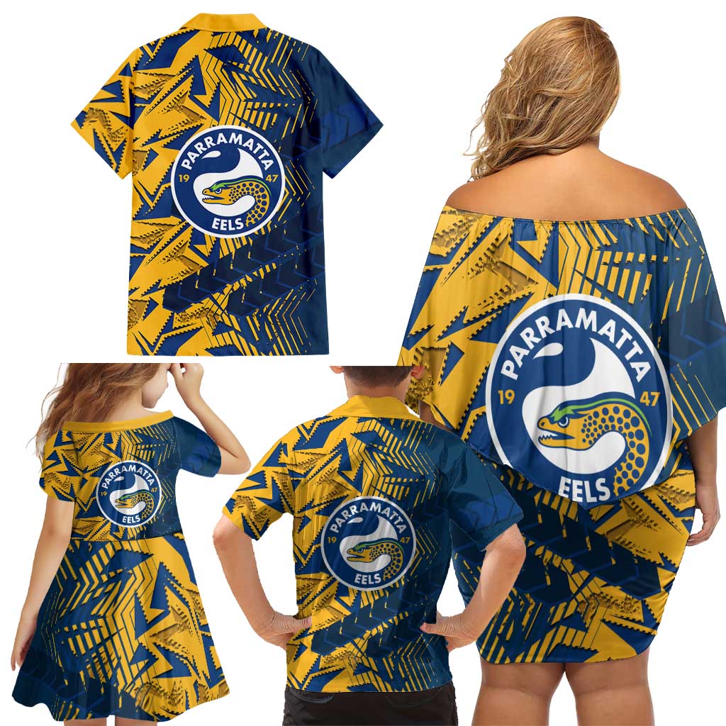 Parramatta Eels Rugby Family Matching Off Shoulder Short Dress and Hawaiian Shirt Fierce Mascot Geometric Tribal Art