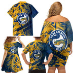 Parramatta Eels Rugby Family Matching Off Shoulder Short Dress and Hawaiian Shirt Fierce Mascot Geometric Tribal Art