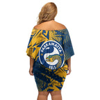Parramatta Eels Rugby Family Matching Off Shoulder Short Dress and Hawaiian Shirt Fierce Mascot Geometric Tribal Art