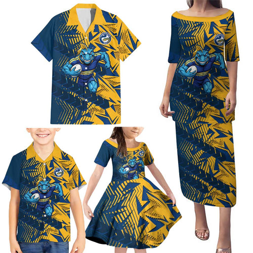 Parramatta Eels Rugby Family Matching Puletasi and Hawaiian Shirt Fierce Mascot Geometric Tribal Art
