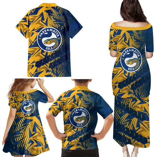Parramatta Eels Rugby Family Matching Puletasi and Hawaiian Shirt Fierce Mascot Geometric Tribal Art