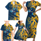 Parramatta Eels Rugby Family Matching Short Sleeve Bodycon Dress and Hawaiian Shirt Fierce Mascot Geometric Tribal Art