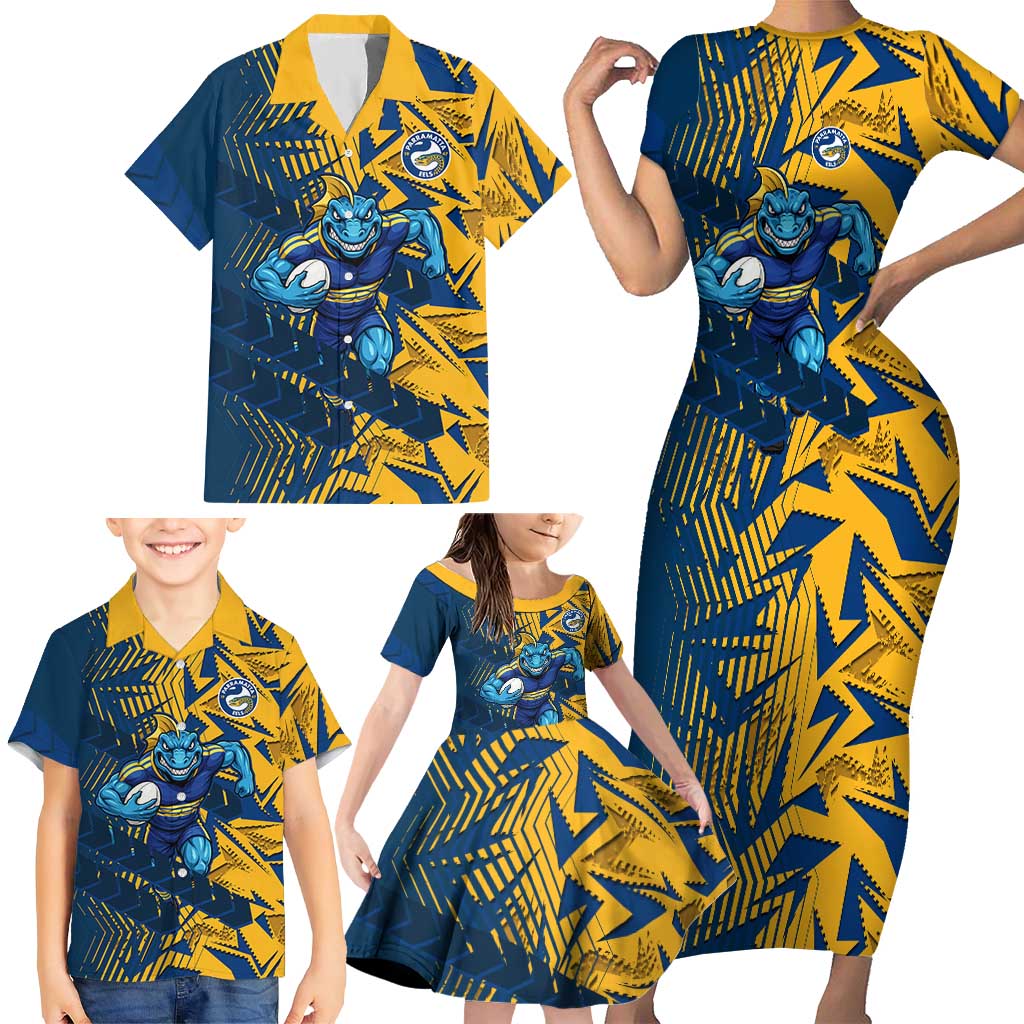 Parramatta Eels Rugby Family Matching Short Sleeve Bodycon Dress and Hawaiian Shirt Fierce Mascot Geometric Tribal Art