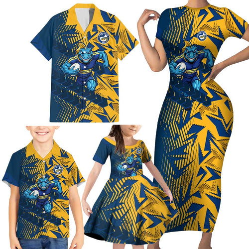 Parramatta Eels Rugby Family Matching Short Sleeve Bodycon Dress and Hawaiian Shirt Fierce Mascot Geometric Tribal Art