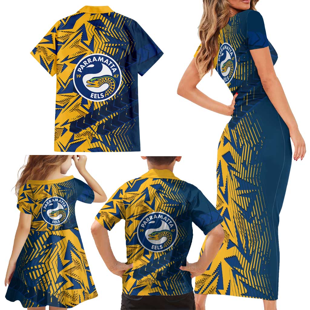 Parramatta Eels Rugby Family Matching Short Sleeve Bodycon Dress and Hawaiian Shirt Fierce Mascot Geometric Tribal Art