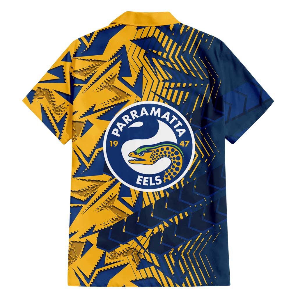 Parramatta Eels Rugby Family Matching Short Sleeve Bodycon Dress and Hawaiian Shirt Fierce Mascot Geometric Tribal Art