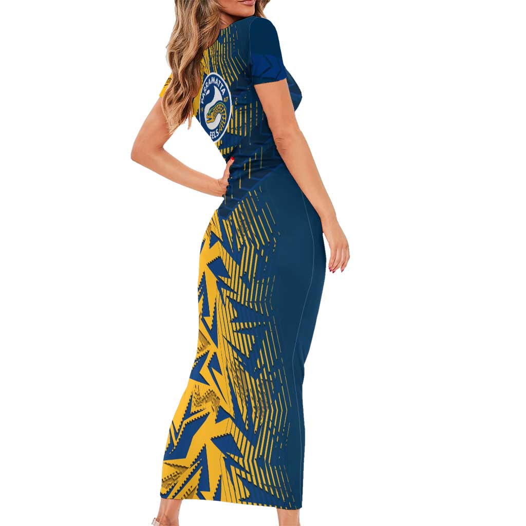 Parramatta Eels Rugby Family Matching Short Sleeve Bodycon Dress and Hawaiian Shirt Fierce Mascot Geometric Tribal Art