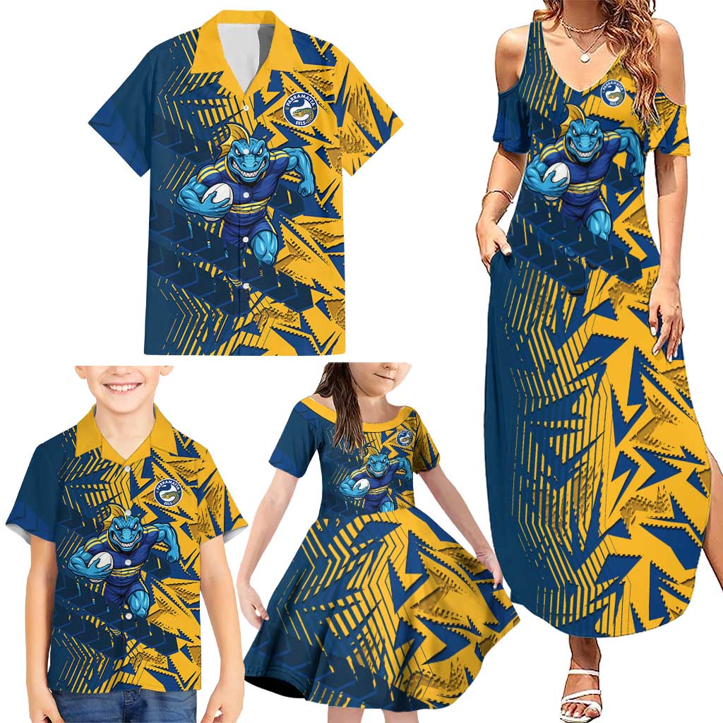 Parramatta Eels Rugby Family Matching Summer Maxi Dress and Hawaiian Shirt Fierce Mascot Geometric Tribal Art