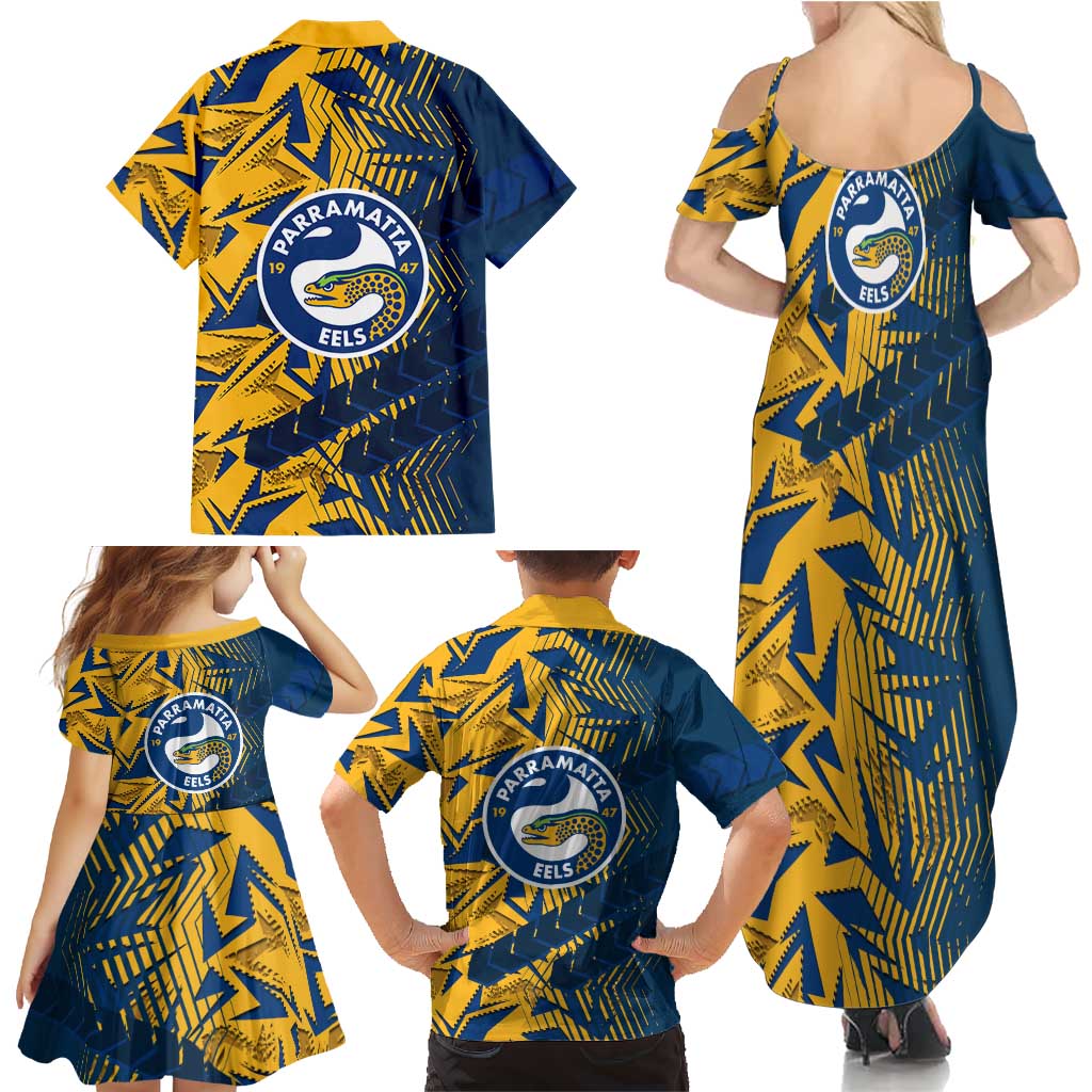 Parramatta Eels Rugby Family Matching Summer Maxi Dress and Hawaiian Shirt Fierce Mascot Geometric Tribal Art