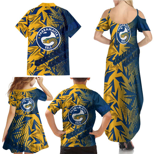 Parramatta Eels Rugby Family Matching Summer Maxi Dress and Hawaiian Shirt Fierce Mascot Geometric Tribal Art