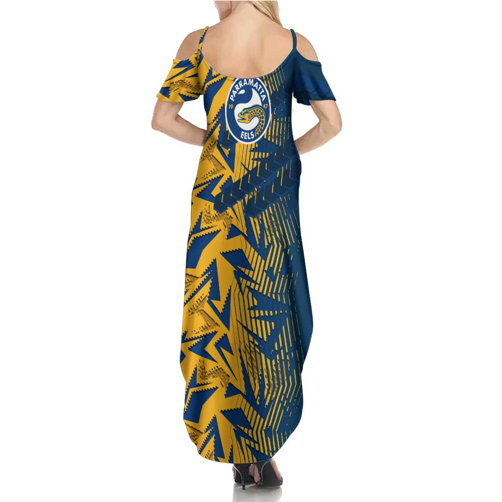 Parramatta Eels Rugby Family Matching Summer Maxi Dress and Hawaiian Shirt Fierce Mascot Geometric Tribal Art