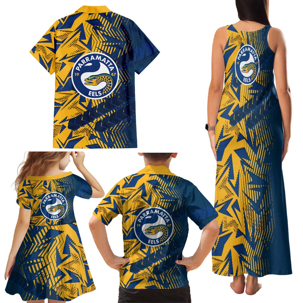 Parramatta Eels Rugby Family Matching Tank Maxi Dress and Hawaiian Shirt Fierce Mascot Geometric Tribal Art