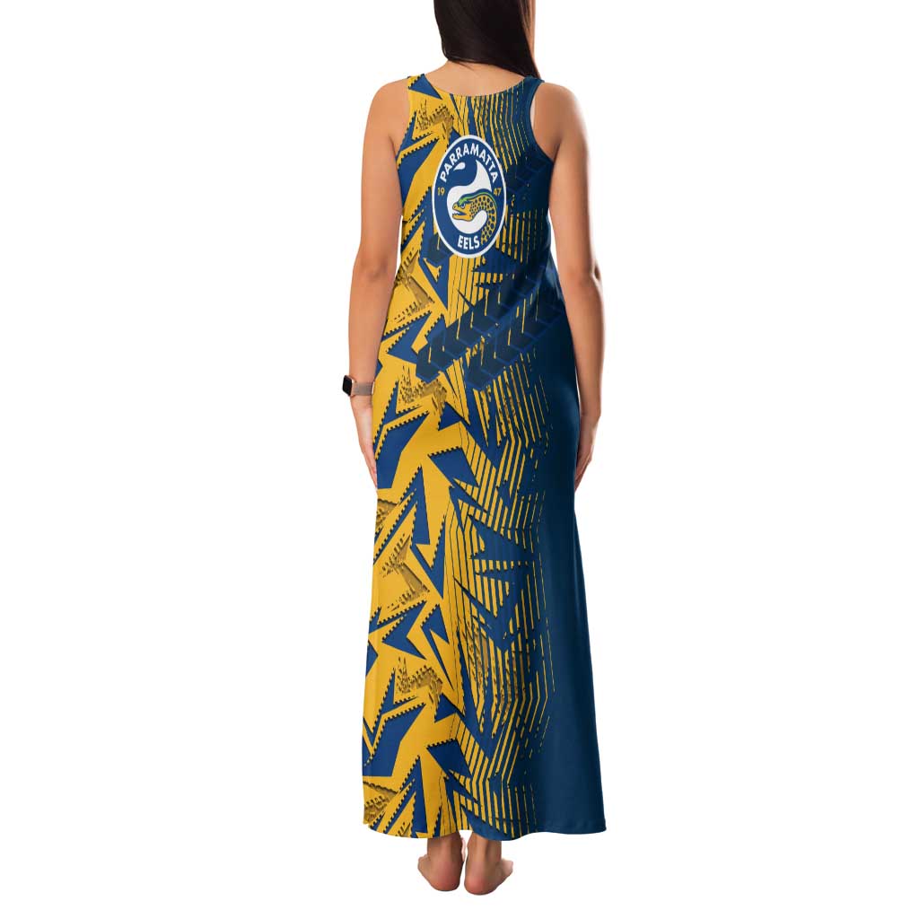 Parramatta Eels Rugby Family Matching Tank Maxi Dress and Hawaiian Shirt Fierce Mascot Geometric Tribal Art